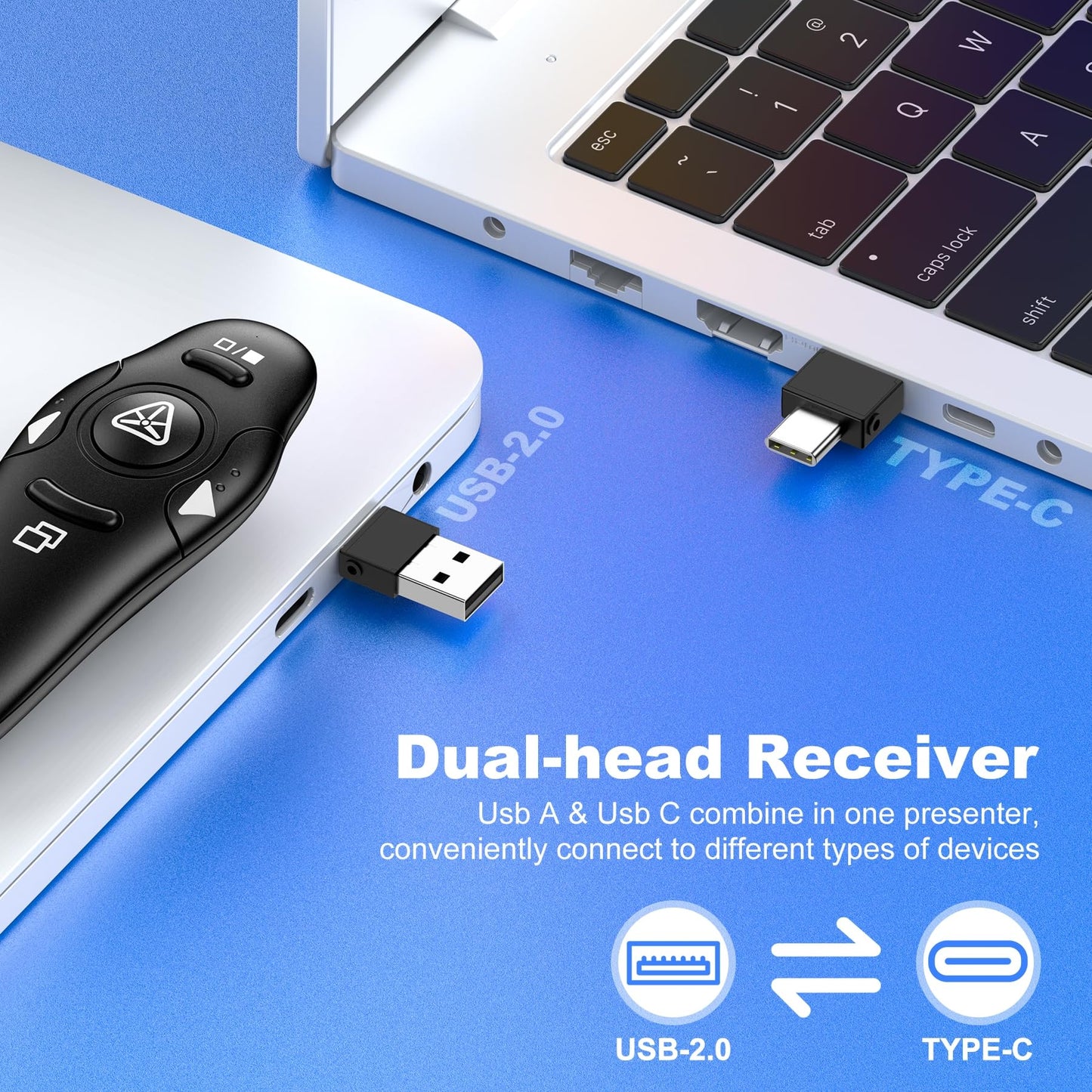 Presentation Remote Clicker, USB A & USB C Wireless Presenter for PowerPoint Presentation Remote, RF 2.4GHz Slide Advancer for Mac, Keynote, Computer, Laptop