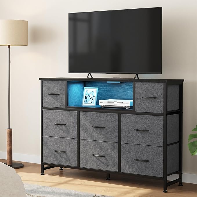 DUMOS TV Stand Dresser with 8 Fabric Drawers and Open Shelves, LED