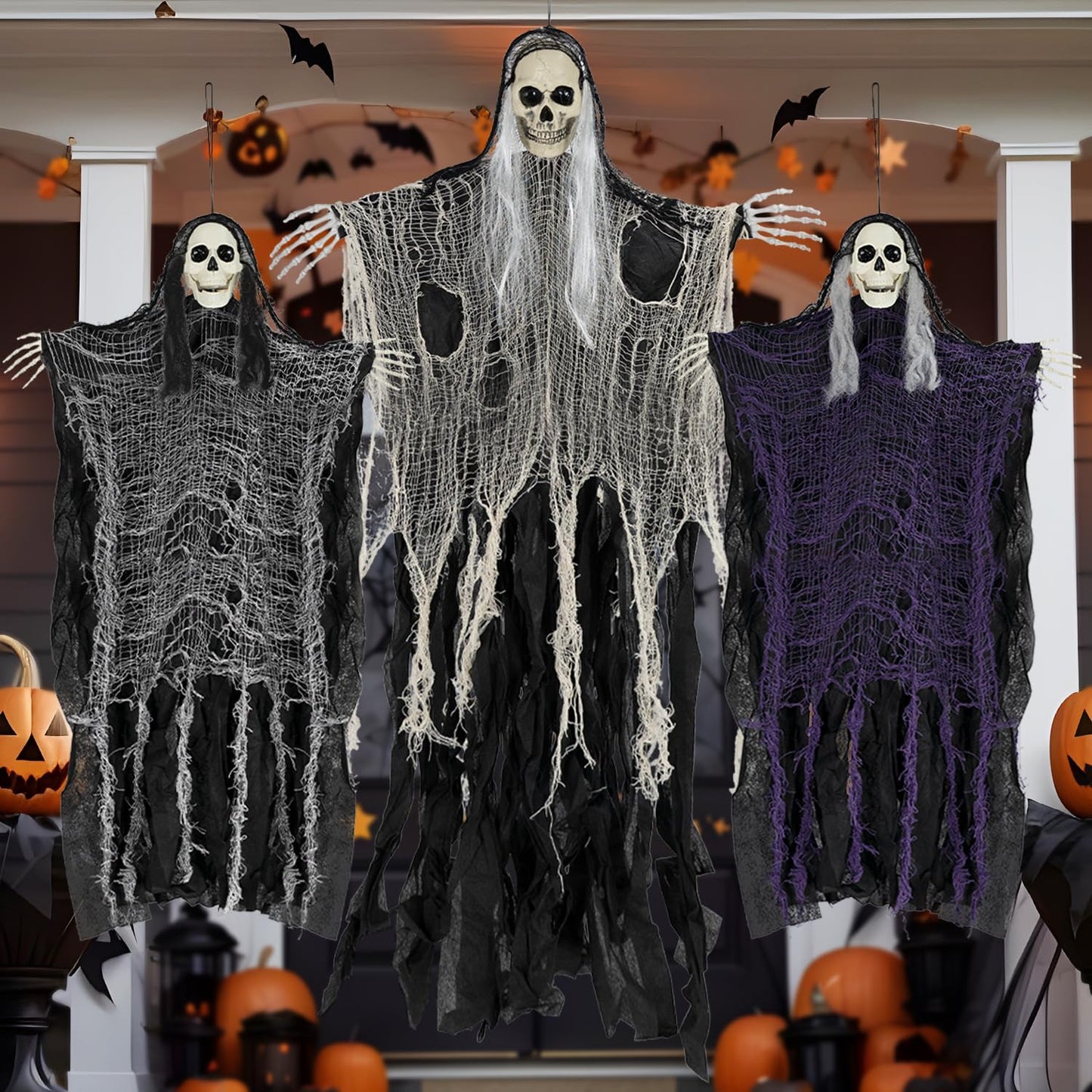 QPMR Halloween Decorations Outdoor/Indoor,Set of 3 Scary Hanging Ghosts,Halloween Grim Reaper Skeleton, Scary Party Decorations,Haunted House Decor for Yard/Lawn/Garden.