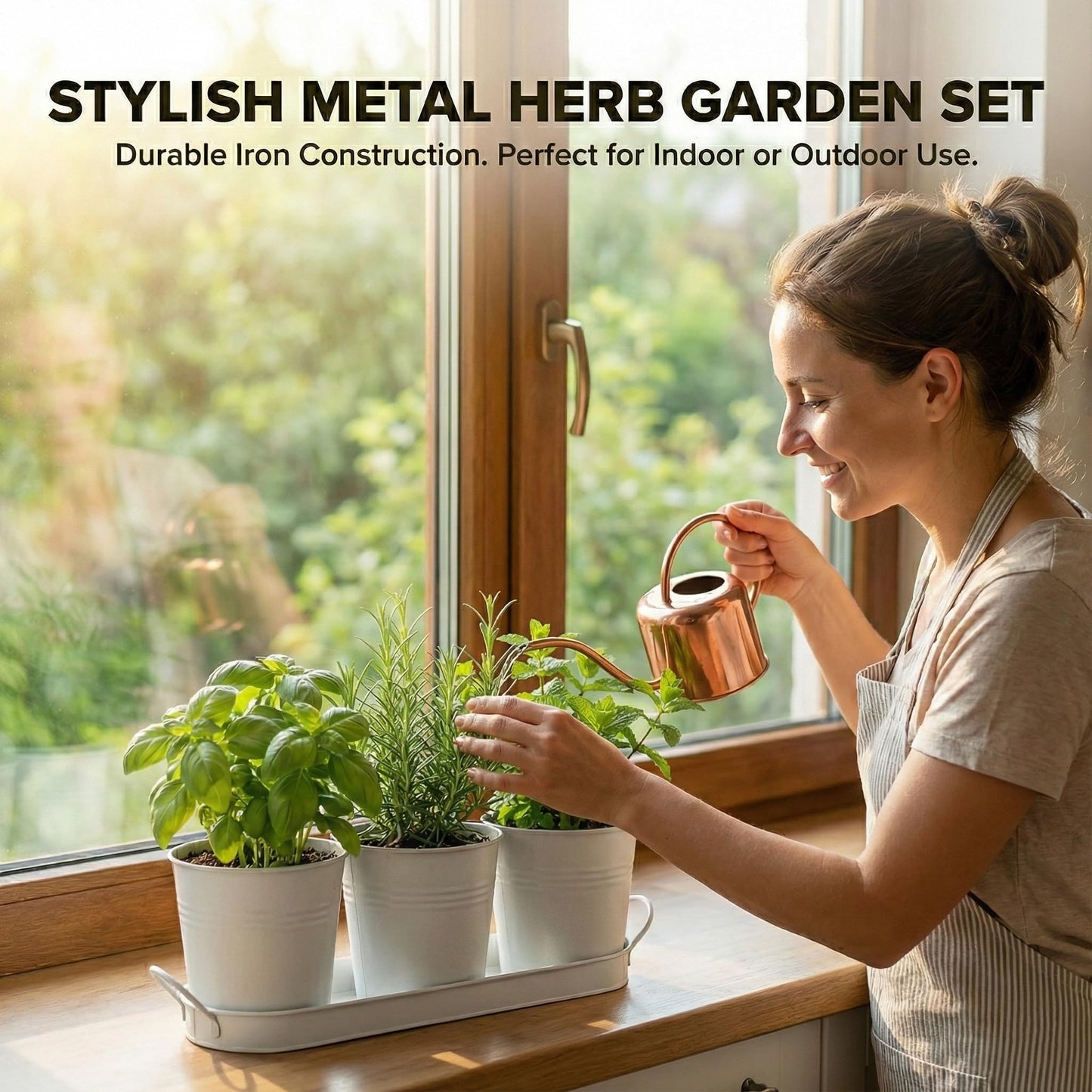 Herb Garden Planter Set – 3-Pcs Set Galvanized Metal Herb Planters for Indoors Plants with Tray – Indoor Plant Pots for Apartment Window, Balcony, Garden – Potting Pots for Herbs and Flowers