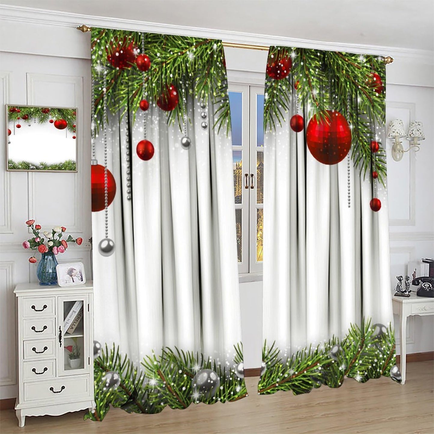Merry Christmas Classical Ornaments and Baubles Coniferous Pine Tree Window Treatmen for Living Room Bedroom Decor Window Drapes 42" W X 45" L