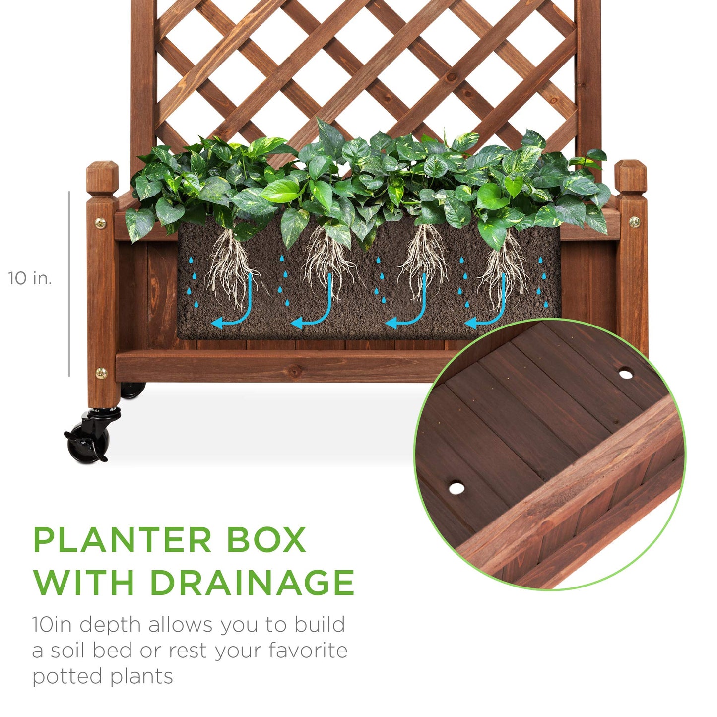 Best Choice Products Set of 2 48in Wood Planter Box & Diamond Lattice Trellis, Mobile Outdoor Raised Garden Bed for Climbing Plants w/Drainage Holes, Optional Wheels - Walnut