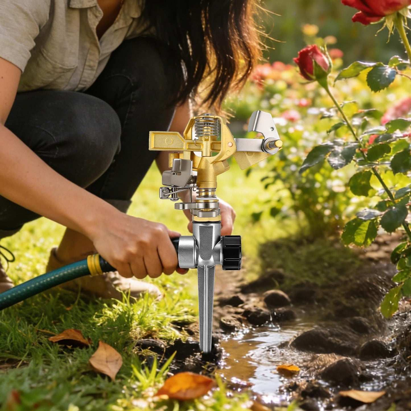 Triumpeek 2 Packs Impact Sprinkler on Spike Base, Heavy Duty Brass Water Sprinkler Head with Aluminum Alloy Stand, Adjustable 360 Degree Large Area Irrigation Sprinkler for Yard Lawn Patio Garden