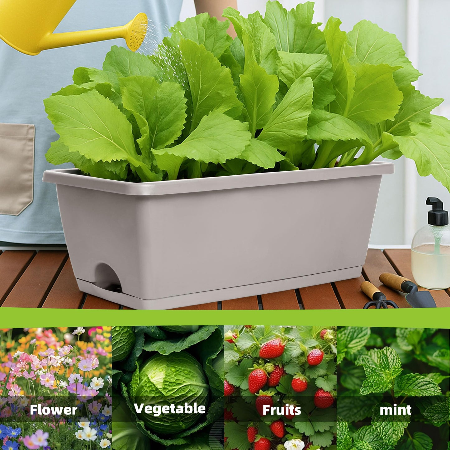 LOCONHA Window Box Planter, Plastic Vegetable Flower Planters Boxes 17 Inches Rectangular Flower Pots with Saucers for Indoor Outdoor Garden, Patio, Home Decor (12, French Grey)
