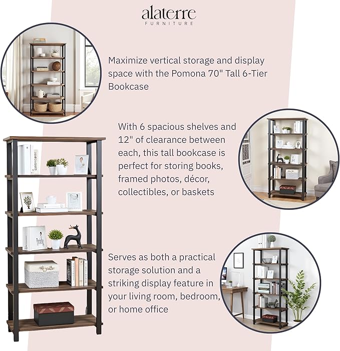 Alaterre Furniture Pomona Living Room 6-Tier Solid Wood Bookcase