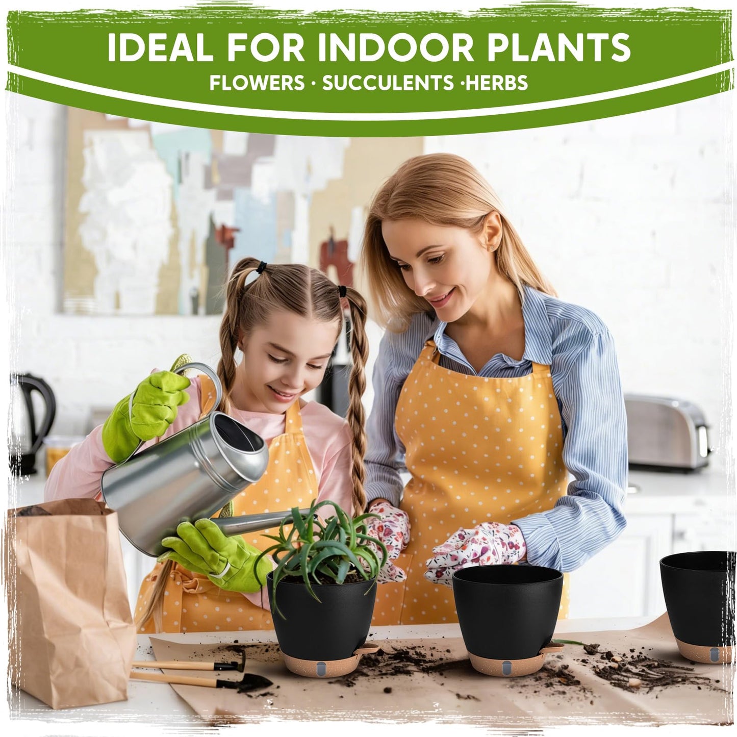 8 Inch Self Watering Pots for Indoor Plants, Plastic Planters with Deep Reservoir & Drainage Holes, Flower Pots for Monstera, Snake Plant & Peace Lily, Worry-Free Vacation Care (Black, 8 inch)