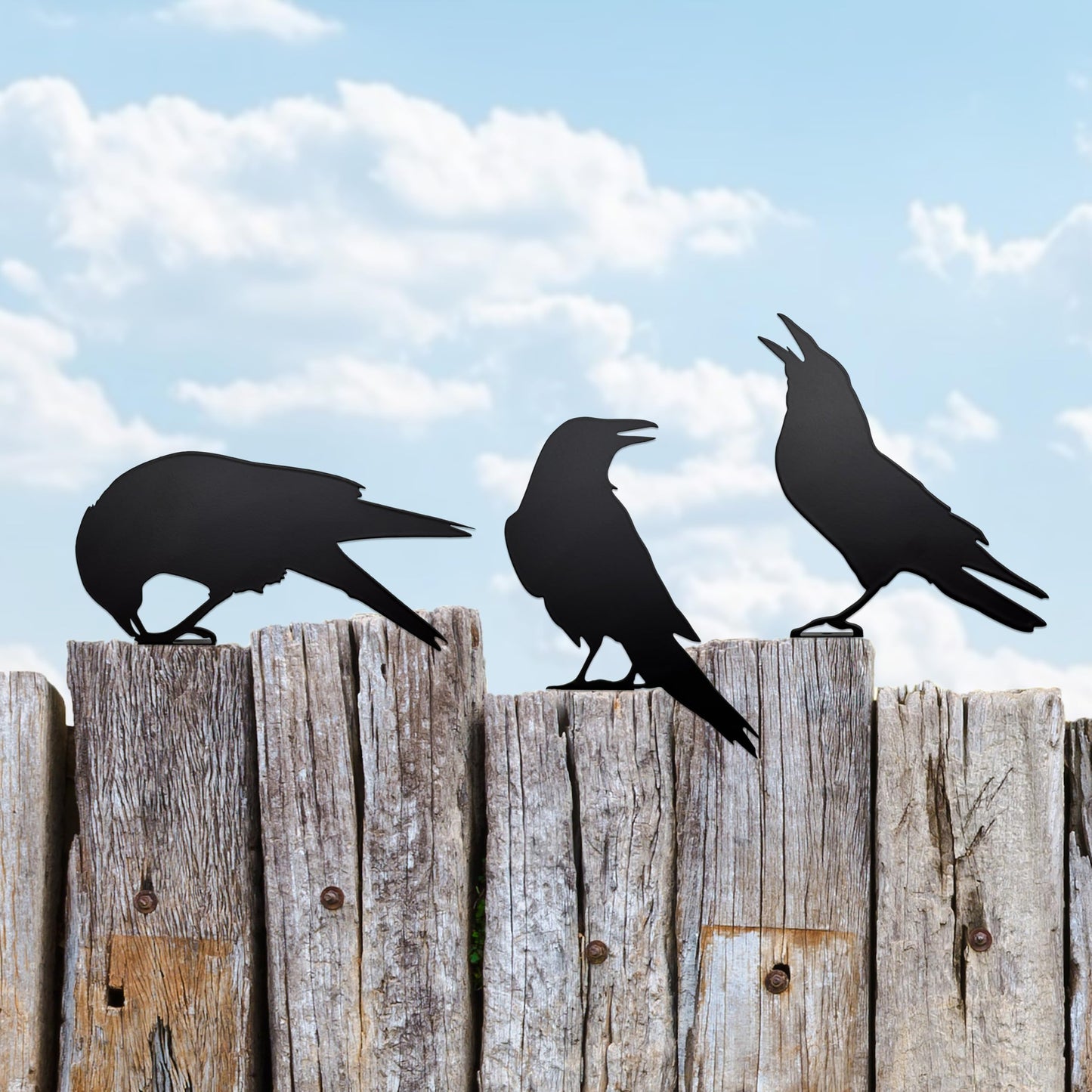 Set of 3 Metal Raven Statues - Gothic Crow Decor for Outdoor Fence Topper, Garden, and Halloween Displays | Fake Crow Ornament for Witchy Garden Decor Yard, Patio & Lawn | Unique Halloween Raven Gift