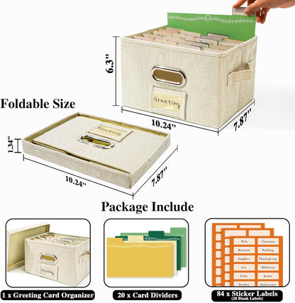Vienrose Greeting Card Organizer 1 Pack, Storage Box with 20 Adjustable Dividers, Foldable Organizer Box Holds over 150 Cards, Storage Stickers Recipes Photos Envelopes Bills Vinyl Records, Beige
