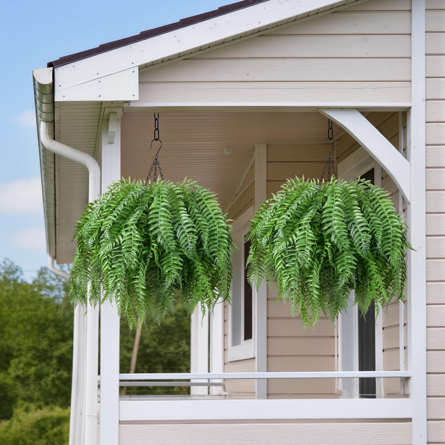 FancyPlus Artificial Hanging Plants Outdoor, UV Resistant Fake Fern Faux Greenery 2 Set for Outside Planter Patio Home Garden Decor (10 Branches&2 Basket)