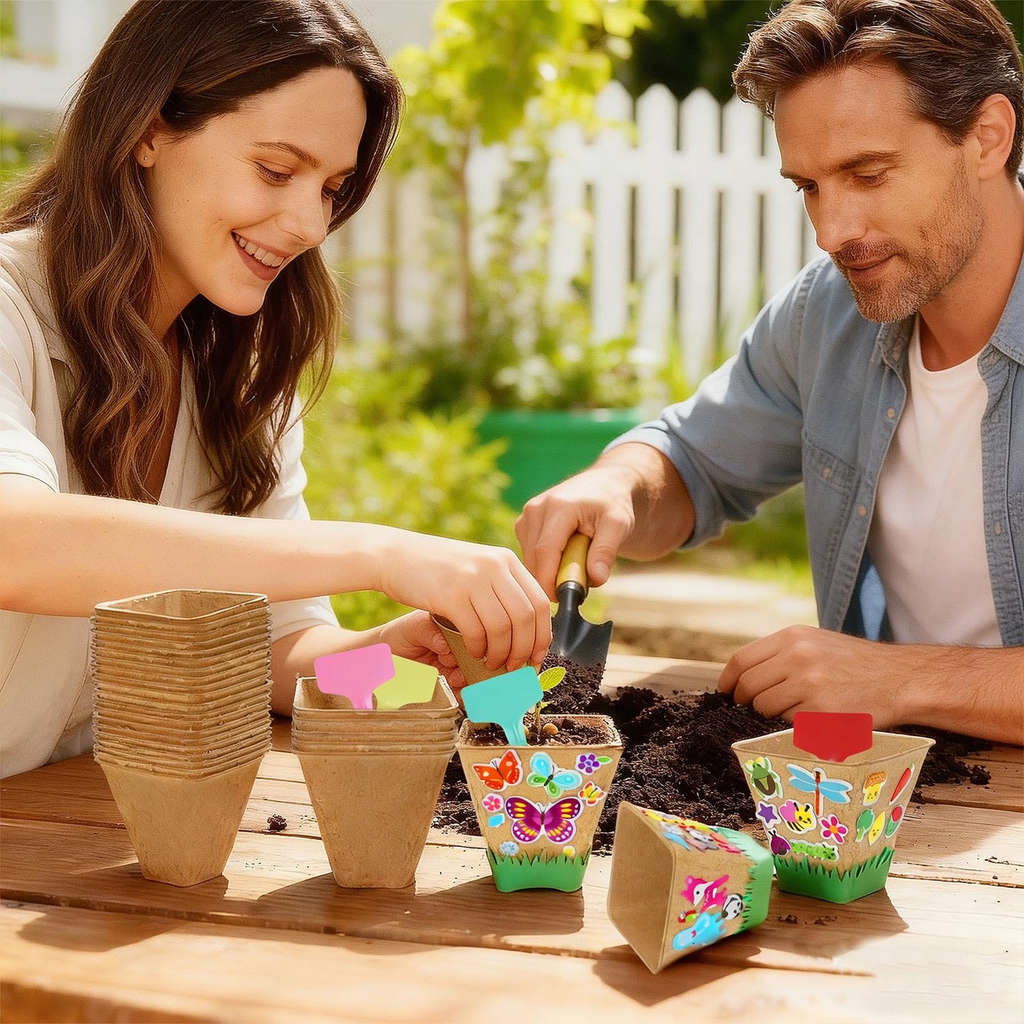 NNG 40 Set Garden Paper Pot Craft Kit,40Pcs Square Paper Mache Pots Peat Plant Pots with 400pcs Adhesive Foam Stickers & 40Pcs Pots Labels,Flower Plant Spring Craft for DIY Flower Planting