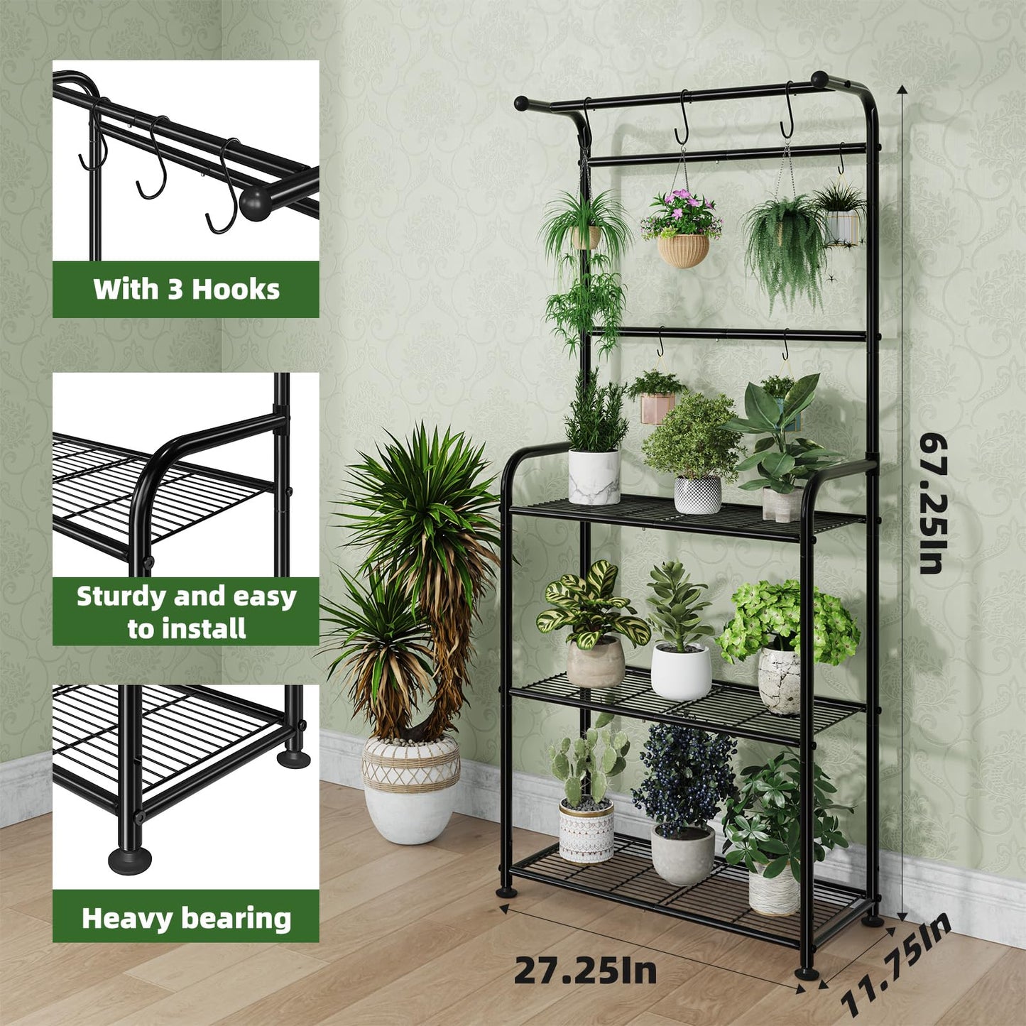 Ekisemio Plant Stands Outdoor with Hooks, Metal Tall Plant Shelves Indoor for Hanging Planter, Black