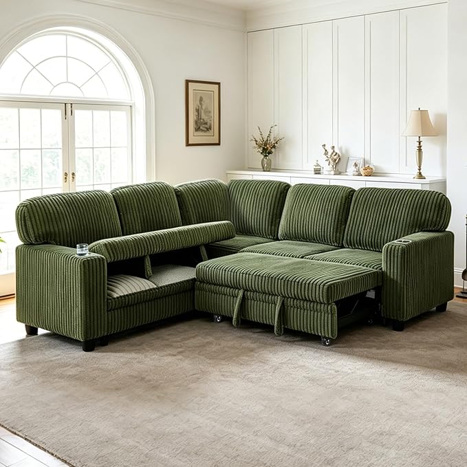 L-Shaped Sectional Couch with Storage and Pull Out Bed, Convertible Sofa Bed