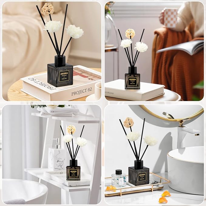 Black Glass Bottle Scent Diffuser, 1.7 oz Reed Diffuser with Sticks, Home Fragrance for Bookshelf, Bedroom Vanity, Office Desk & Bathroom Decor, Air Freshener for Aesthetic Room Decor (Bluebell)