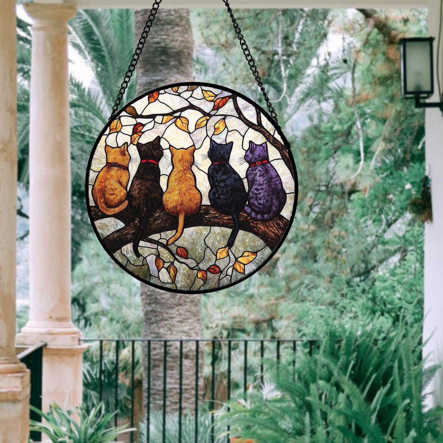 DASTOLL Stained Glass Window Hanging - 5 Cats on a Branch Suncatcher for Window Doors Home Decoration and Christmas, Mother's Day Father's Day Birthday Gifts for Women, Men, and Mom 7.8x7.8 in