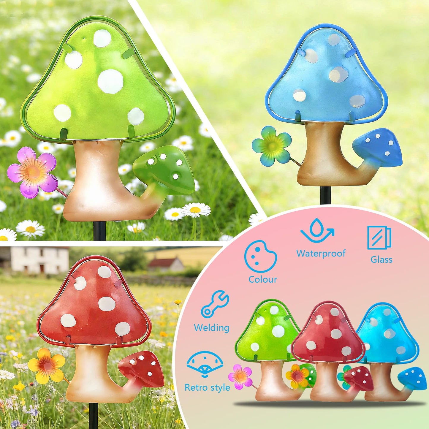 LEGIFO Garden Decor Mushroom Stakes Set of 3, Metal & Glass 10″, Outdoor Mushroom Stake for Backyard Lawn Decor, Funny Yard Art Decorations for Mom Grandma Women Mother’s Day