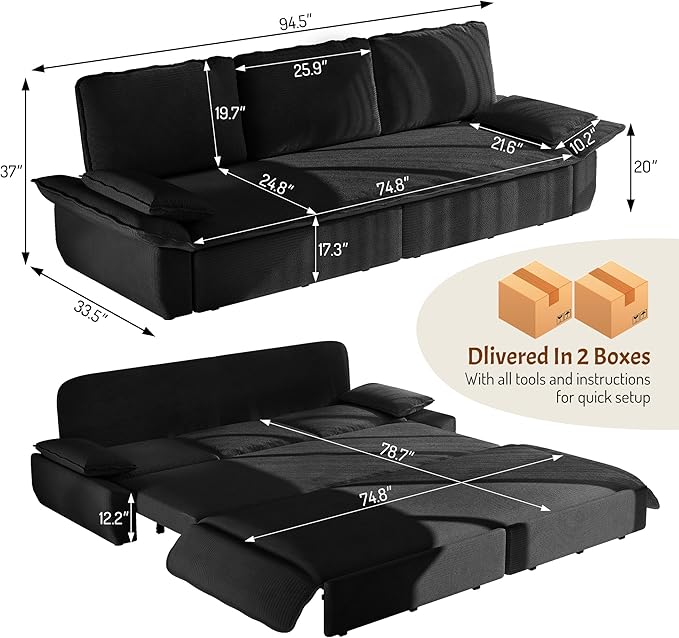 KEIKI 94.5" King Pull-Out Sofa Bed, 3-in-1 Convertible Couch