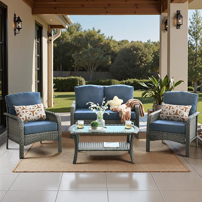 Weaxty Wicker Patio Furniture Set High Back Loveseat Sofa Couch Armchair Coffee