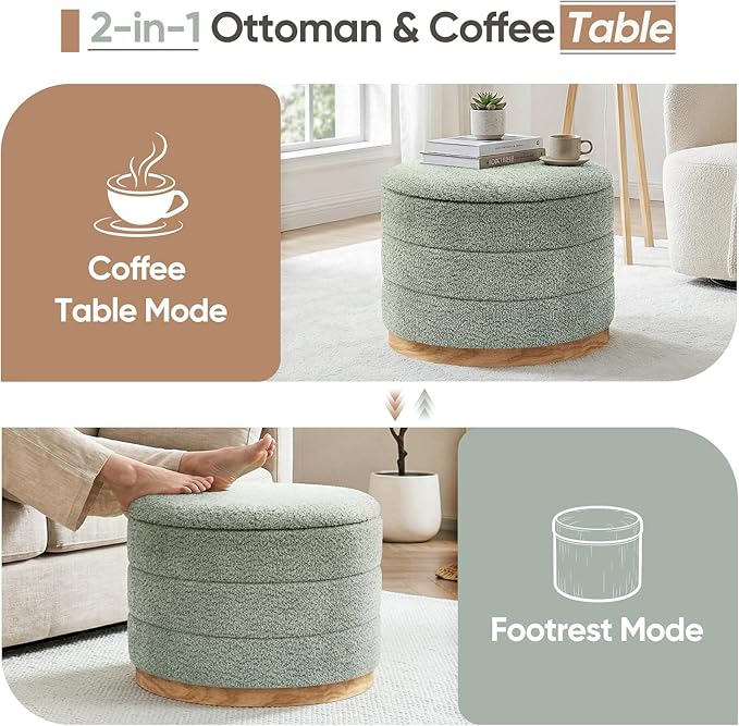 Round Storage Ottoman with Tray Lid, Folding Chenille Fabric Footrest with