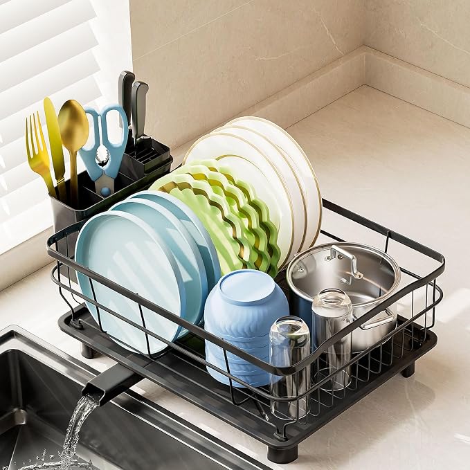 AIDERLY Auto Drain Metal Dish Drying Rack Dish Drainers, All Black | with Draining Tray, Strainer, for Kitchen Counter, Sink