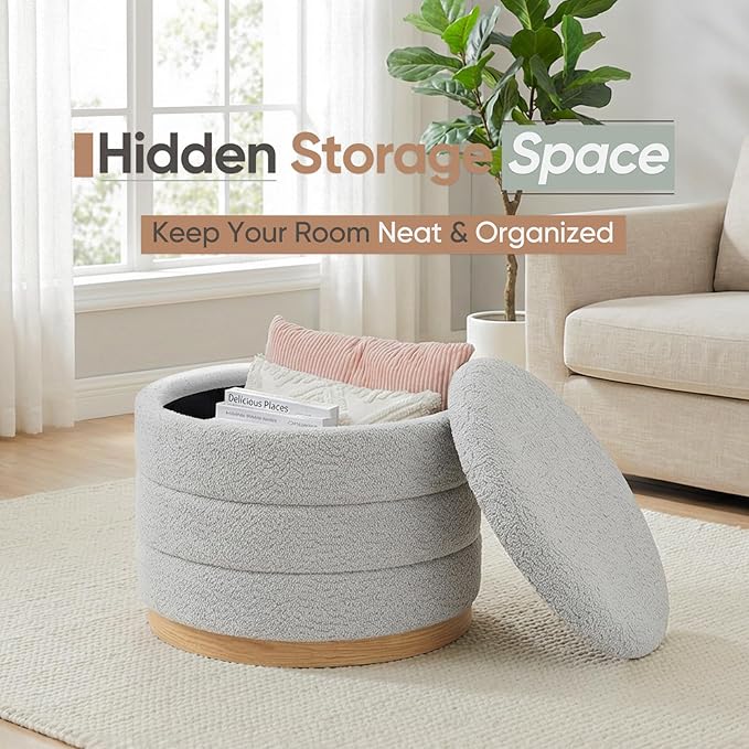 Round Storage Ottoman with Tray Lid, Folding Chenille Fabric Footrest with