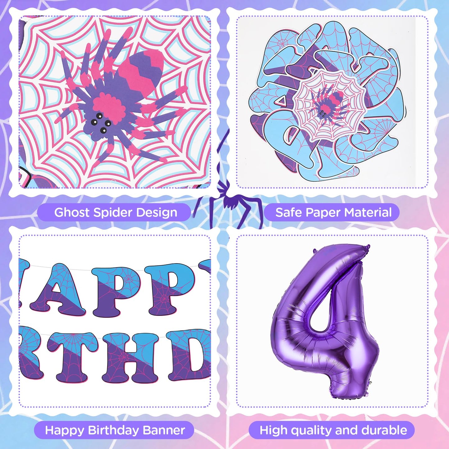 37pcs Ghost Spider 4th Birthday Decorations-Purple Number 4 Balloon,Happy Birthday Banner,Pink/Purple Balloons,Ghost Spider Theme Birthday Decor for 4 Year Old Girl Friends HB Party