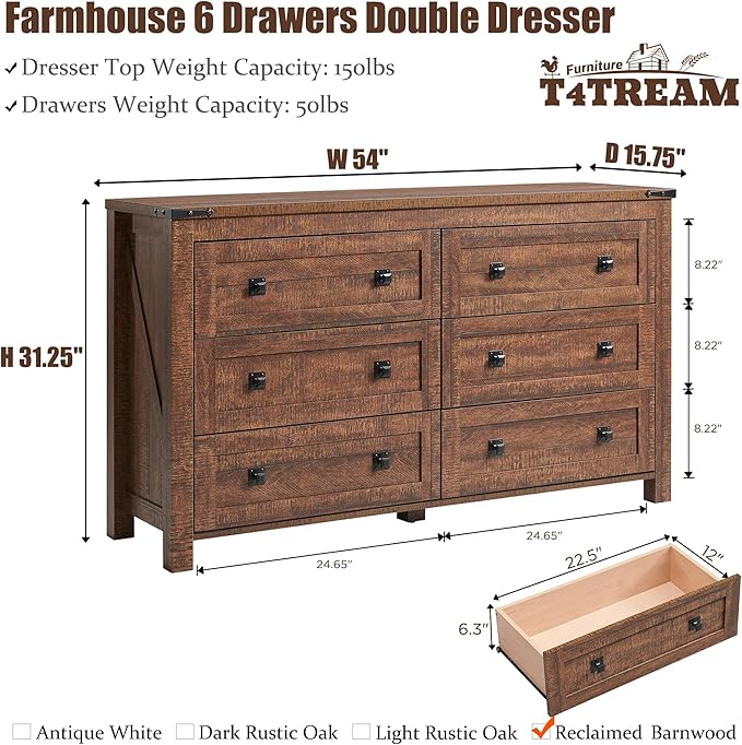 T4TREAM Farmhouse 6 Drawers Dresser