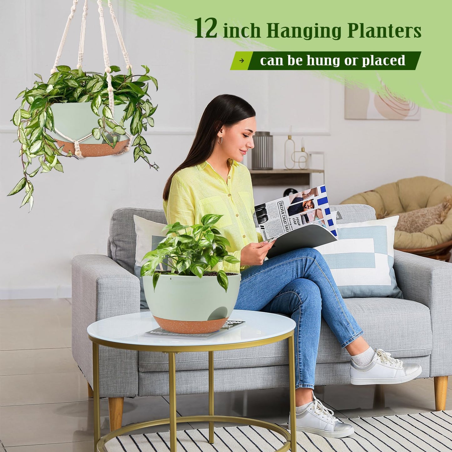 Lucieblessdesign Hanging Planters for Outdoor Indoor Plants, 2 Pack 12 Inch Hanging Basket Plants Outdoor, Self Watering Hanging Planter with Plant Hanger for Garden Home Decoration (Green)