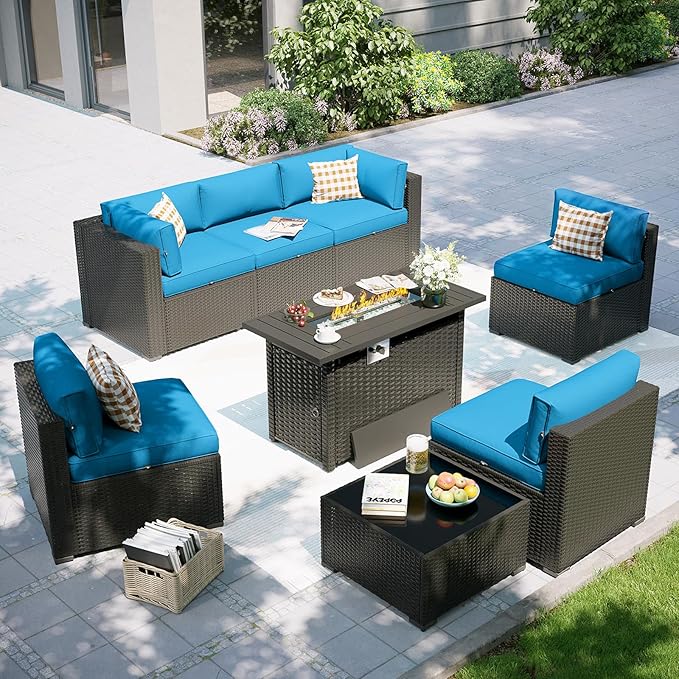 Aoxun Patio Furniture Set with Fire Pit Table, 8 Piece Outdoor Sectional Sofas