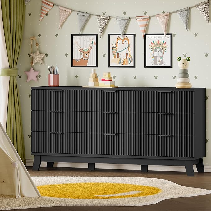 BORNOON 63" Long Dresser for Bedroom, 9-Drawer Fluted Dresser, Extra-Wide Wood