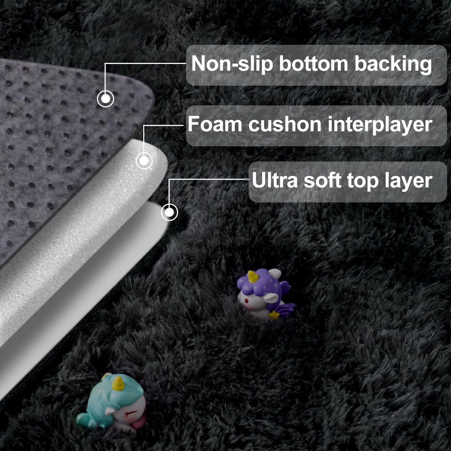 qulint Black Grey Area Rugs for Bedroom, 3x5 Area Rug for Kid Room Fluffy Soft Shag Rug for Living Room, Small Fuzzy Plush Shaggy Alfombras for Dorm Nursery Home Decor (3ft x 5ft, Tie-dyed Black Gray)