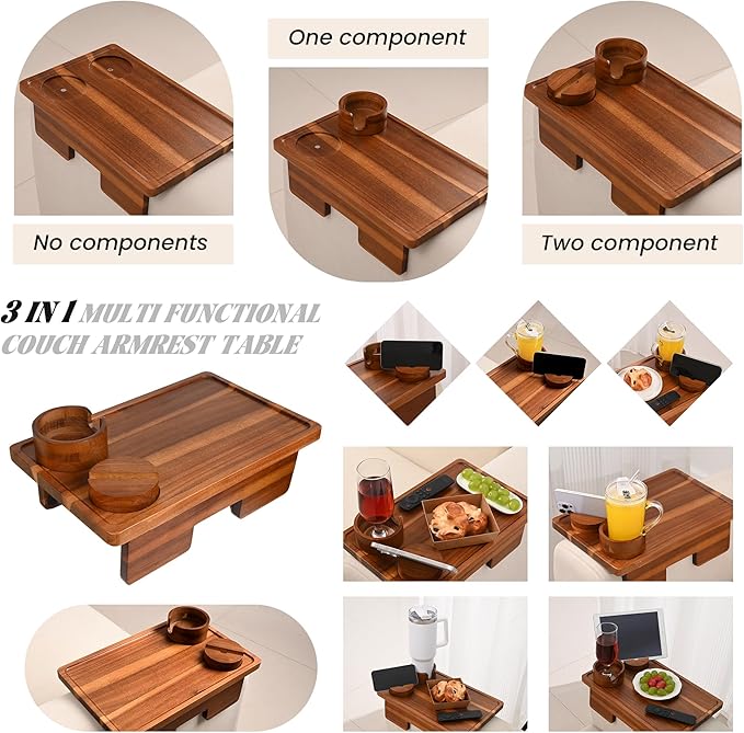 GEHE Real Acacia Wood Couch Armrest Table, 15.4"x9.8" Couch Arm Tray Table