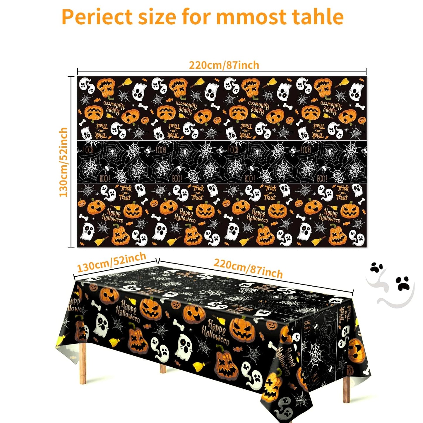 Pyrrhiax 4 Pcs 54 x 108 Inch Halloween Pumpkin Ghost Tablecloth, Rectangular Plastic Spider Web Table Cloth Large Size Halloween Table Covers for Home Decor Party Decorations