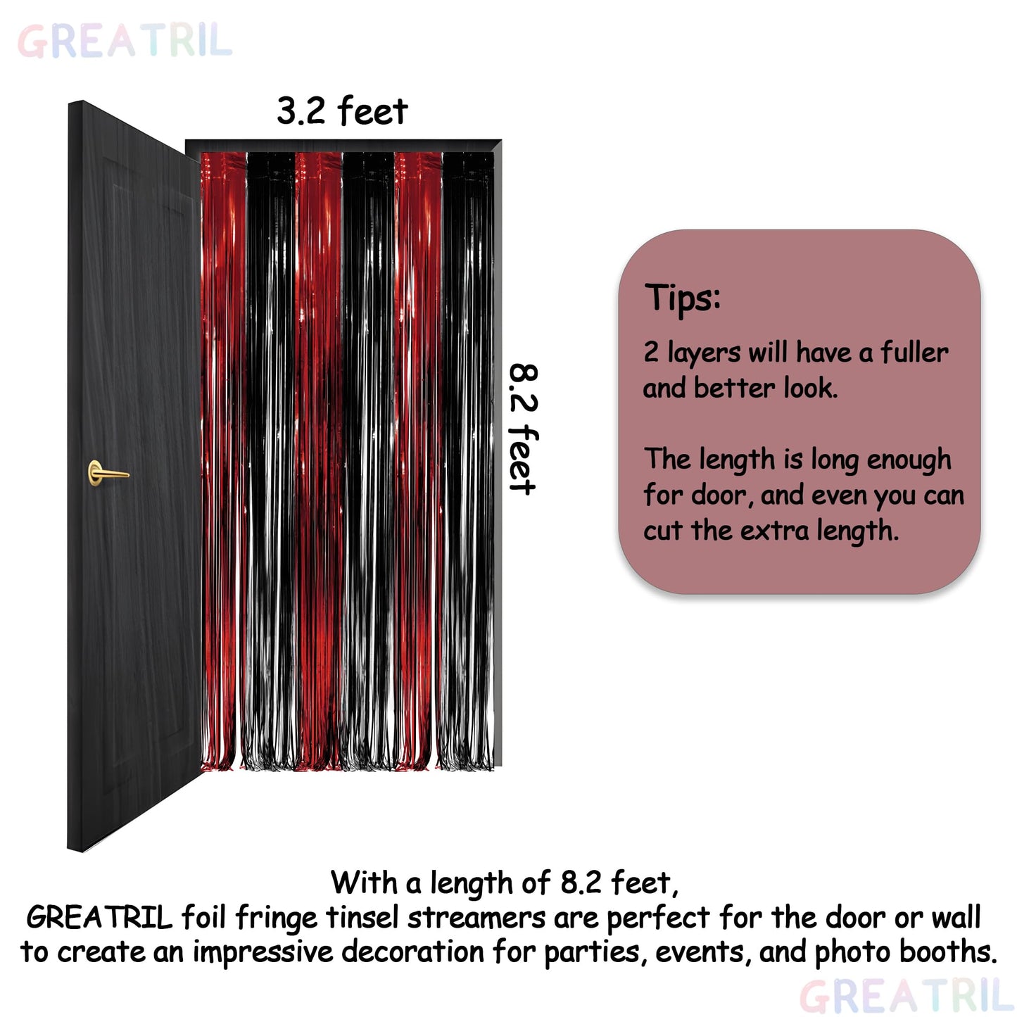 Black Red Party Streamers Backdrop - GREATRIL Foil Fringe Tinsel for Stranger/Friday Party/Halloween Party Decorations - 3.2ft X 8.2ft - 2 Packs