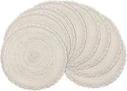 SHACOS Boho Round Placemats Set of 8 Braided Border Round Place Mats 15 inch Washable Dining Table Mats for Home Wedding Holiday Party (Ivory Bordered, 8)