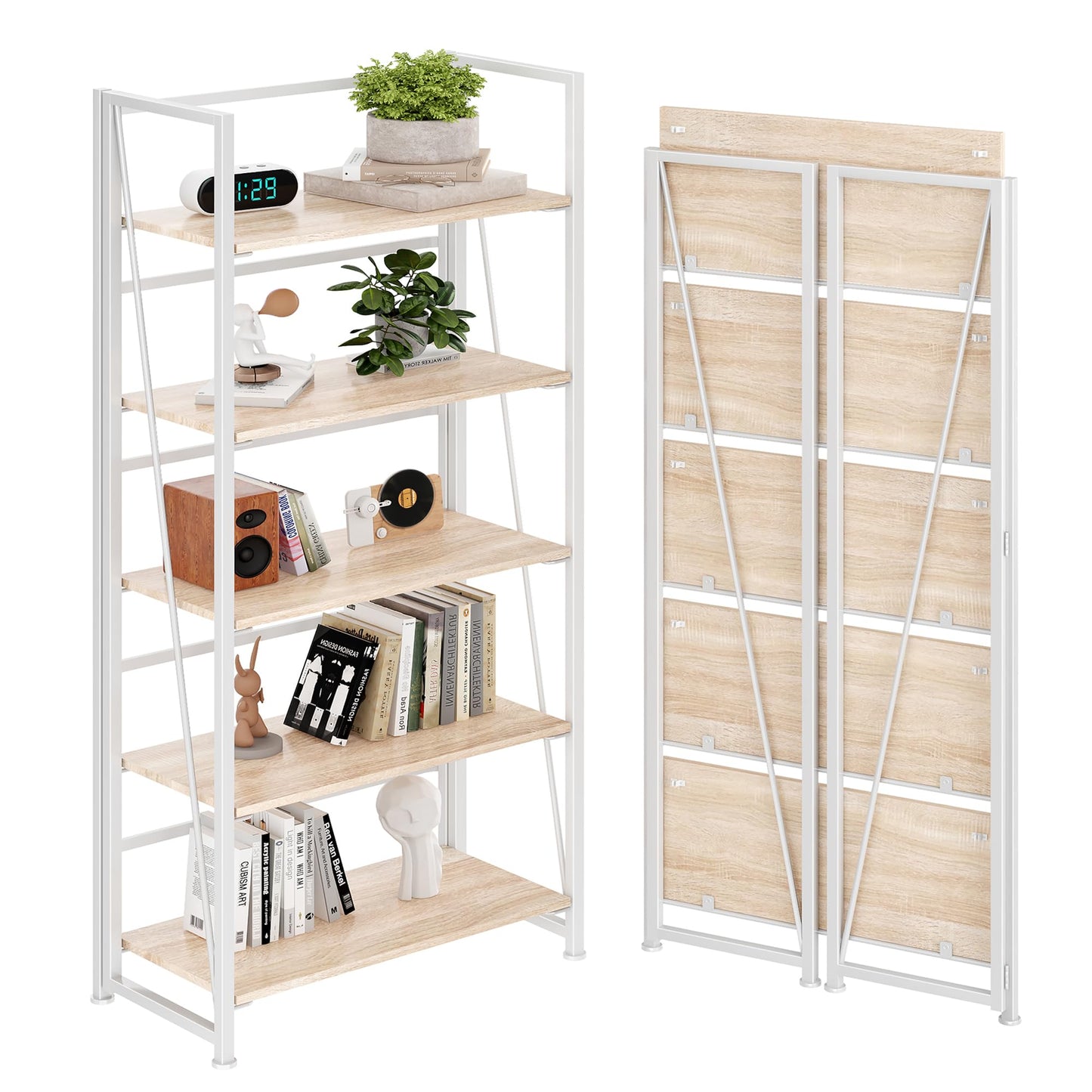 BHG Vintage Multifunctional Folding Bookshelf, No-Assembly Plant Stand Storage Rack Shelves for Home Office (White, 5-Tier)