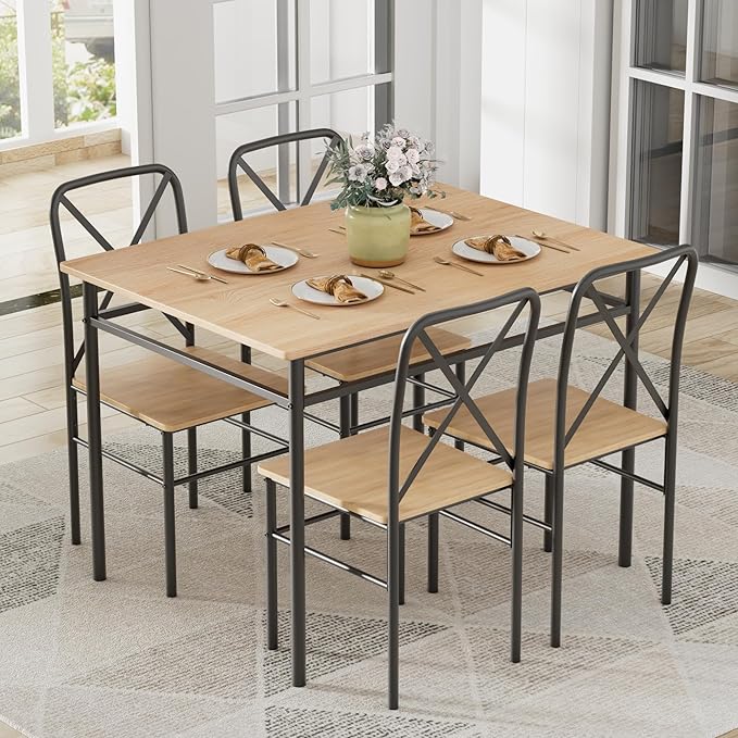VECELO Dining Table Set for 4, 5-Piece Wood Kitchen Table