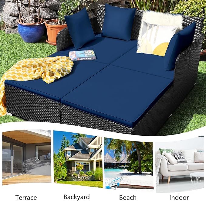 COSTWAY Outdoor Patio Rattan Daybed, Sponge Cushioned Loveseat Sofa