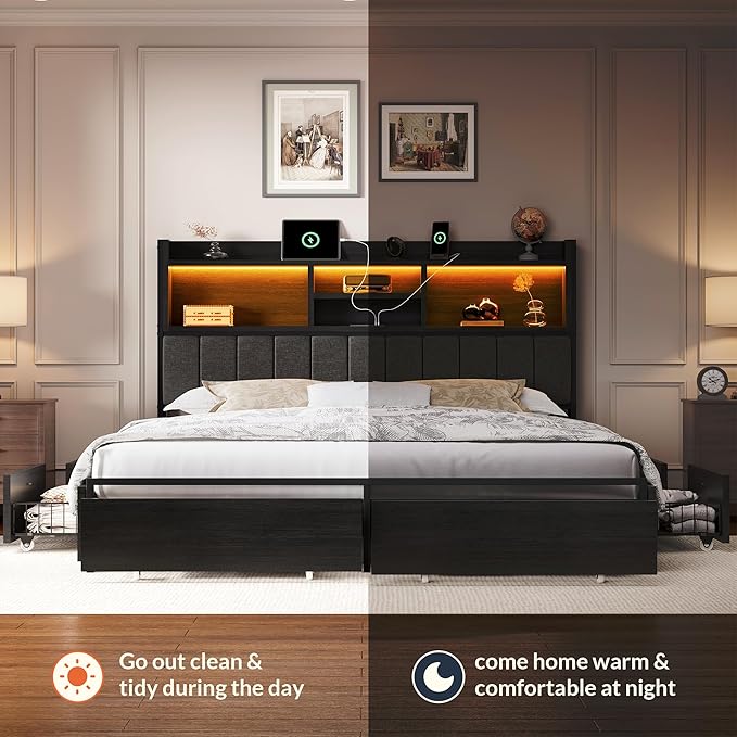 LARMACE King Bed Frame with 6 Storage Drawers, Bed Frame King Size with Linen