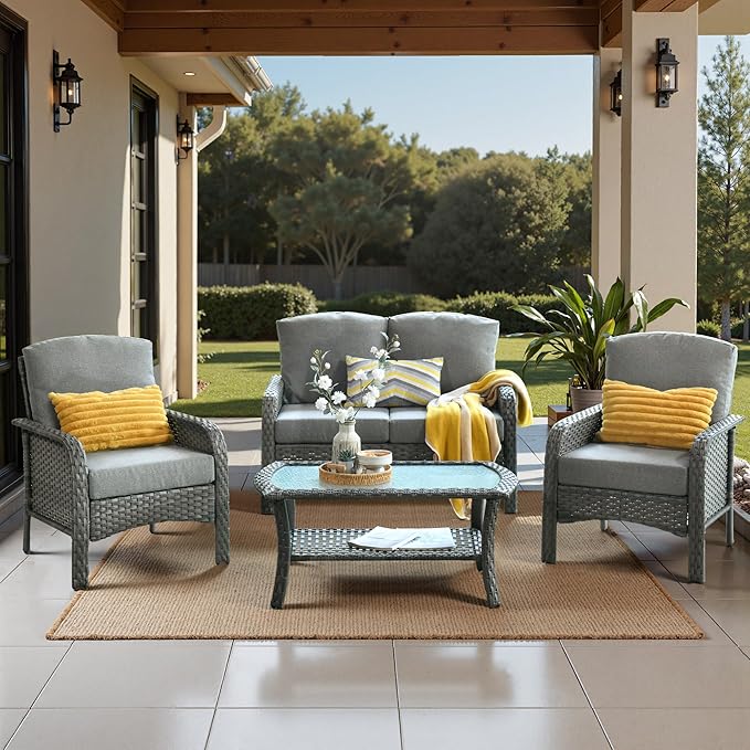 Wicker Patio Furniture Set High Back Loveseat Sofa Couch Armchair Coffee Table