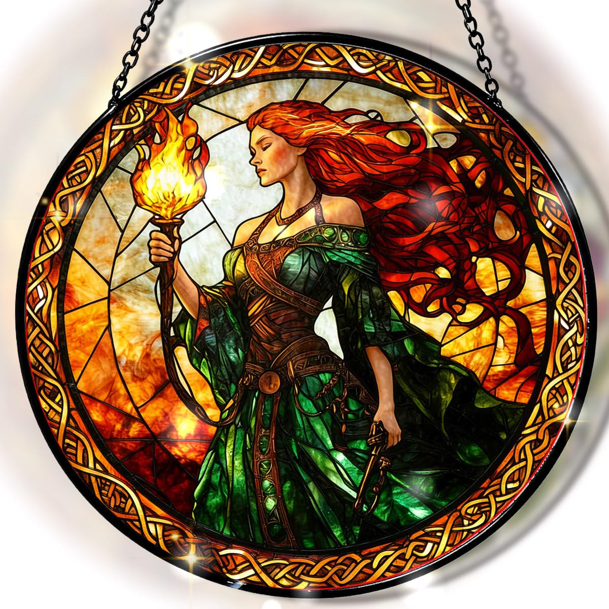 Greatingreat Stained Glass Window Hanging Brigid Goddess, Home Room Decor 7.8 Inch Sun Catchers Indoor Window, Whimsical Decor for Christmas Birthday Gifts for Women