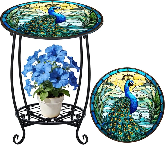 Cinnvoice Outdoor Side Table Round Small Mosaic Patio Accent Indoor End Plant