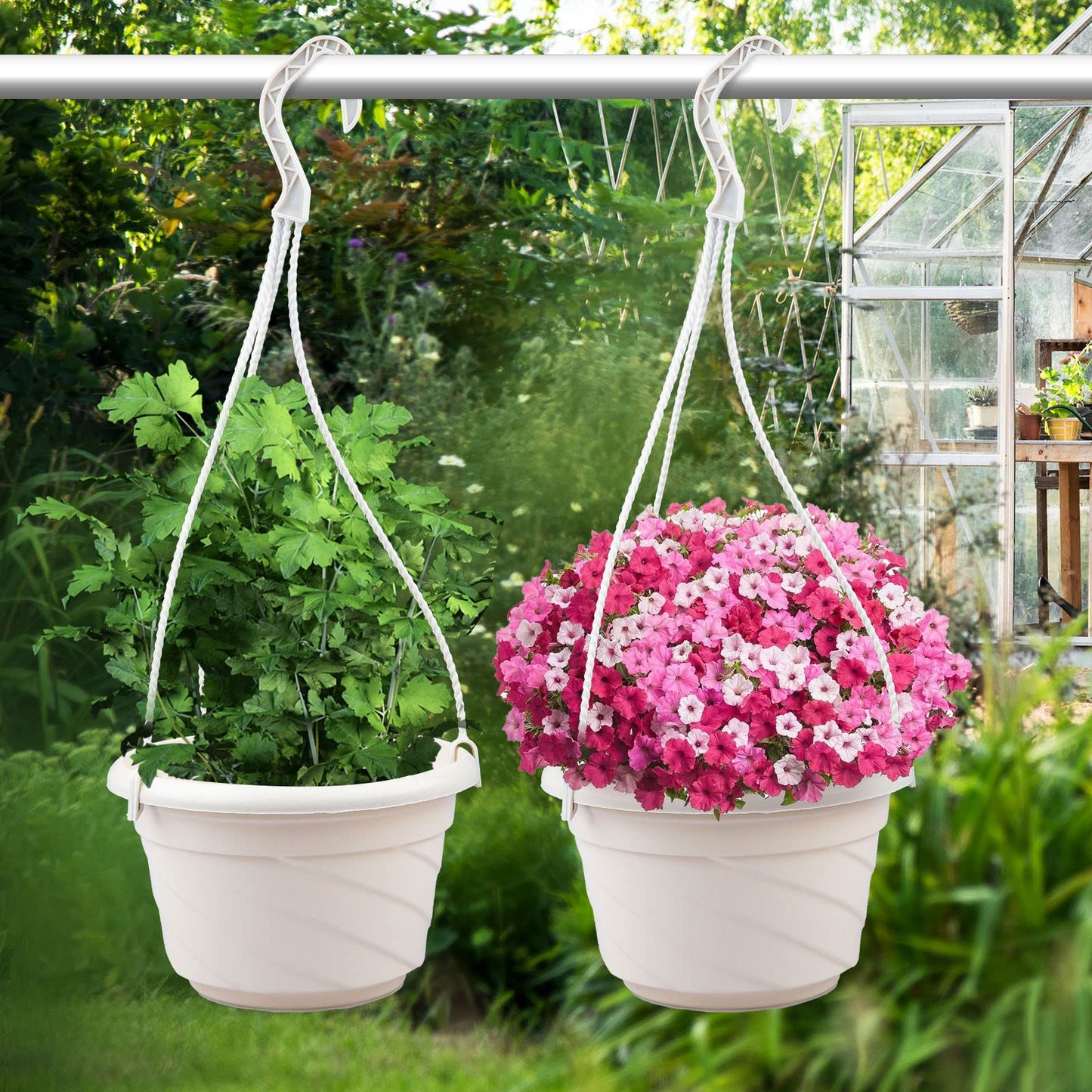 VIDELLY 4 Pieces Plastic Hanging Planters, 5.9 in Dia x 3.54 in H, Flower Plant Basket Pots Chain Holder Garden Decoration for Indoor and Outdoor Use, Beige White & Red