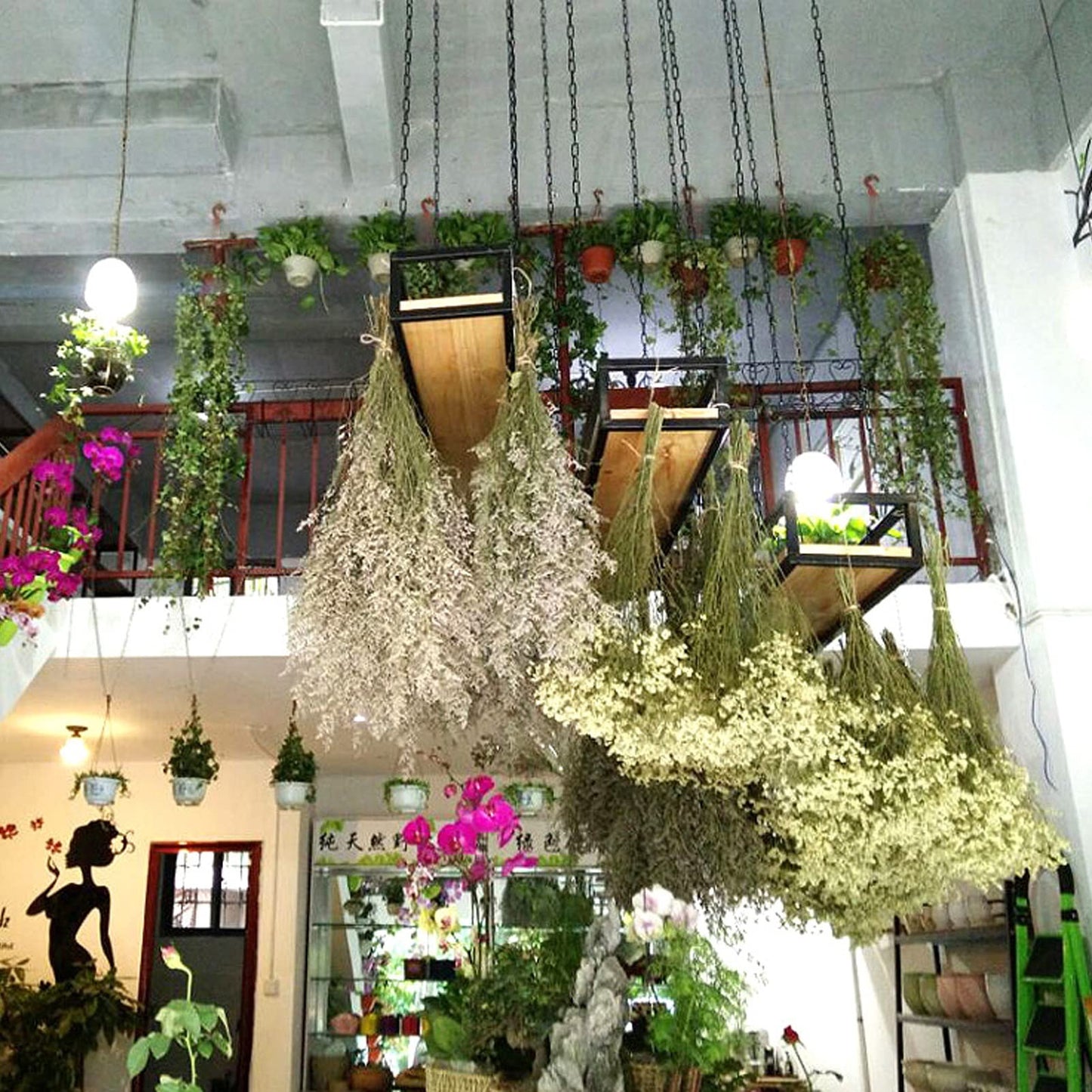 Hanging Flower Pot Display Rack - Adjustable Ceiling Stand for Plants, Wooden & Metal Frame Railing Shelf, Perfect for Bar, Patio, Garden, Balcony (Size: 60x25x15)