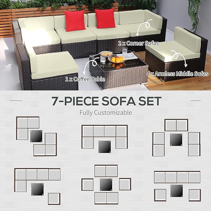 Outsunny 7 Piece Patio Furniture Set, Wicker Outdoor Sectional Sofa Set