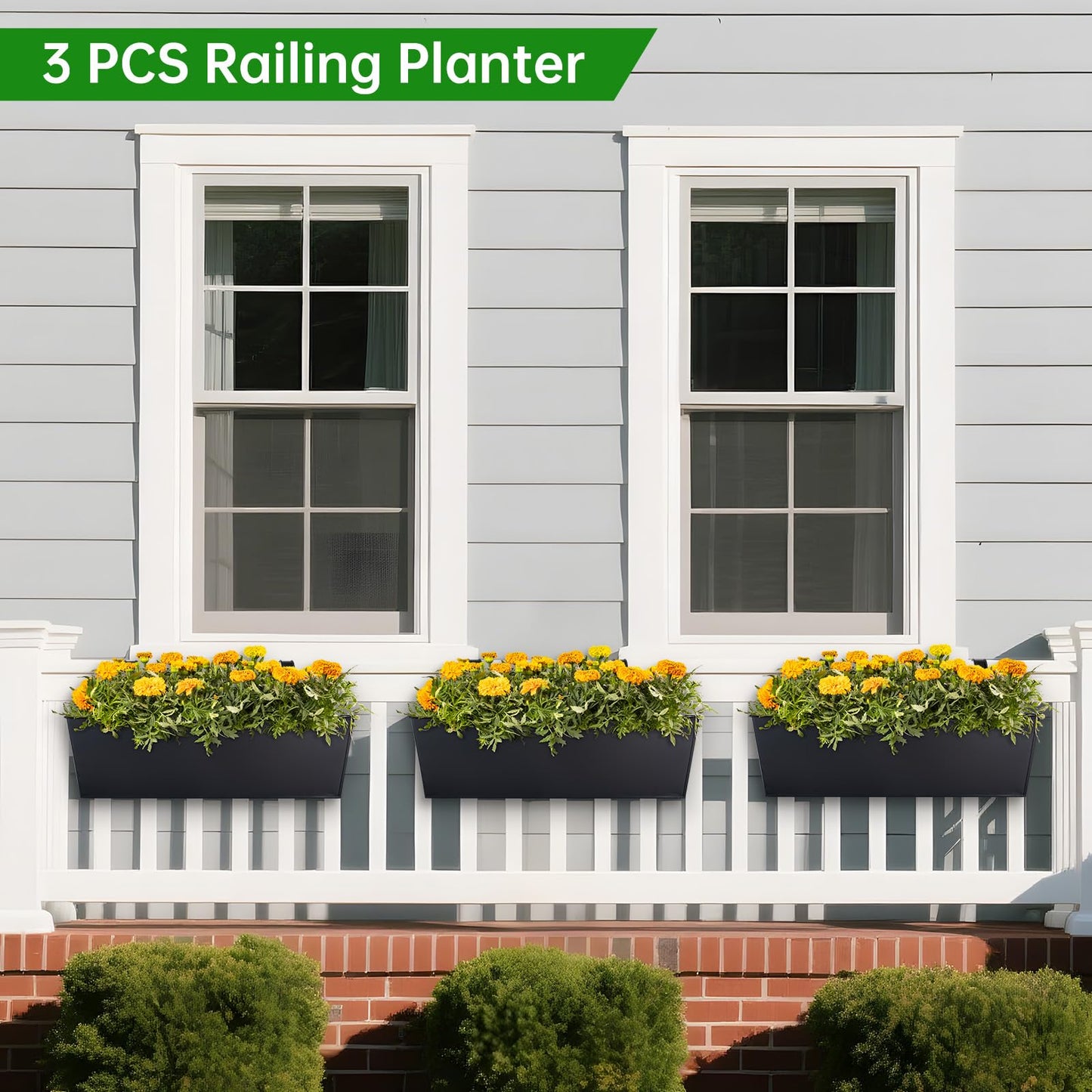 OGIMA 16-Inch Railing Planter Box, 3 Pack Large Hanging Planters for Outdoor Plants with Detachable Wide Hooks for 2.7'' Railings - Balcony Planters Railing Hanging for Deck, Fence & Patio Decor