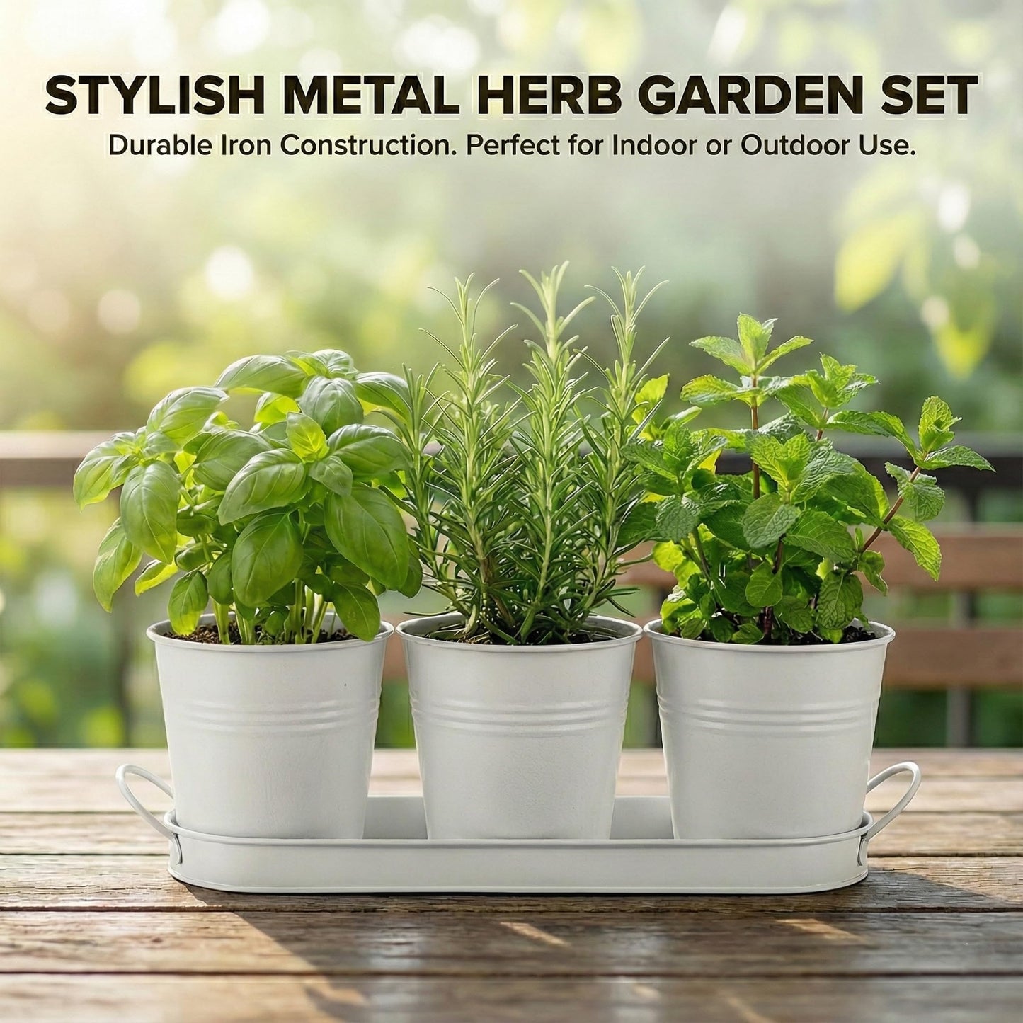 Herb Garden Planter Set – 3-Pcs Set Galvanized Metal Herb Planters for Indoors Plants with Tray – Indoor Plant Pots for Apartment Window, Balcony, Garden – Potting Pots for Herbs and Flowers