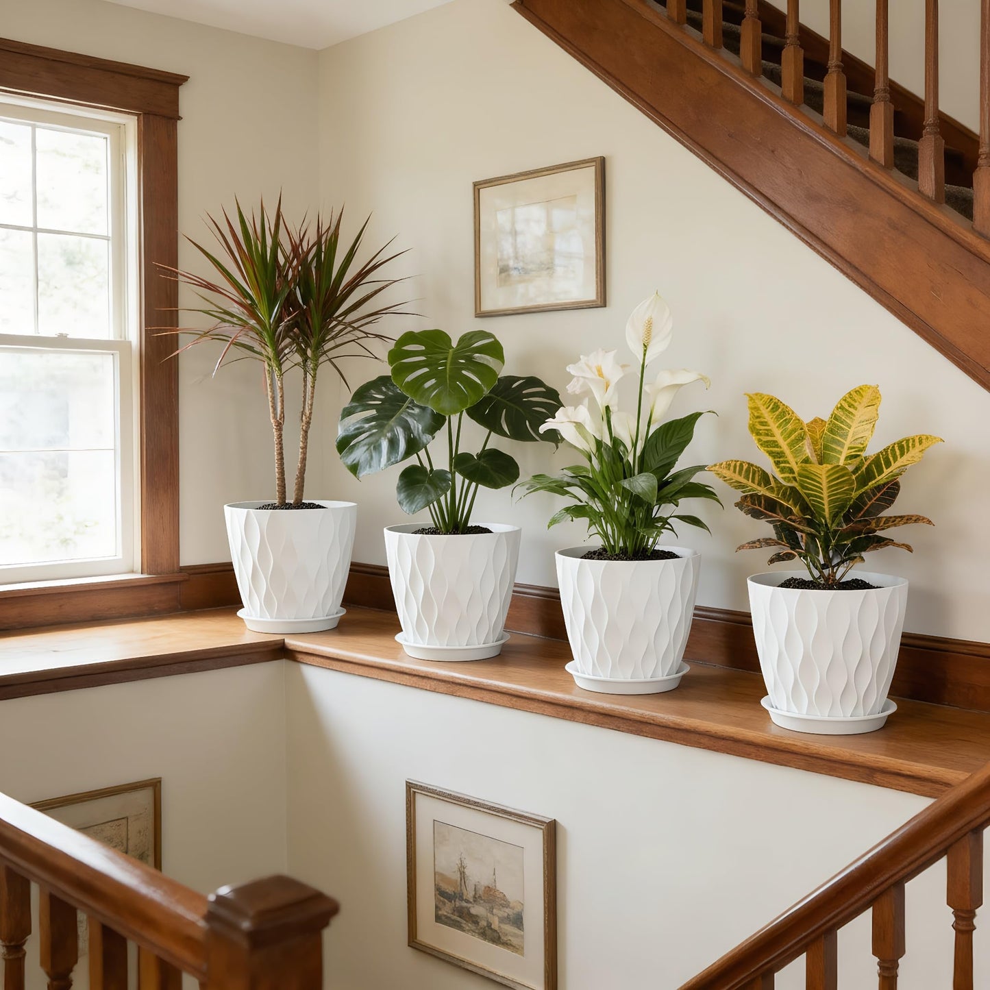 UOUZ 8 Inch Plant Pots, 4 Pack Plastic Planters for Indoor Outdoor with Drainage Holes & Saucers, Waffle Texture Flower Pots for Indoor Plants, Indoor Plant Pots for Monstera, Fiddle Leaf Fig, White