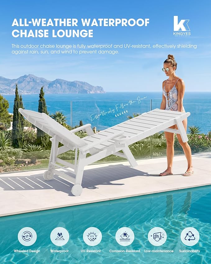 KINGYES HDPE Lounge Chair Outdoor, Patio Chaise Lounge Recliner