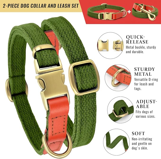 Nylon Dog Leash and Collar Set with Metal Quick Release Buckle, Adjustable, Durable High-Density Fabric, Breathable, Soft and Comfortable, No Pull for Walking and Training, Green, M (12.6"-19.6")