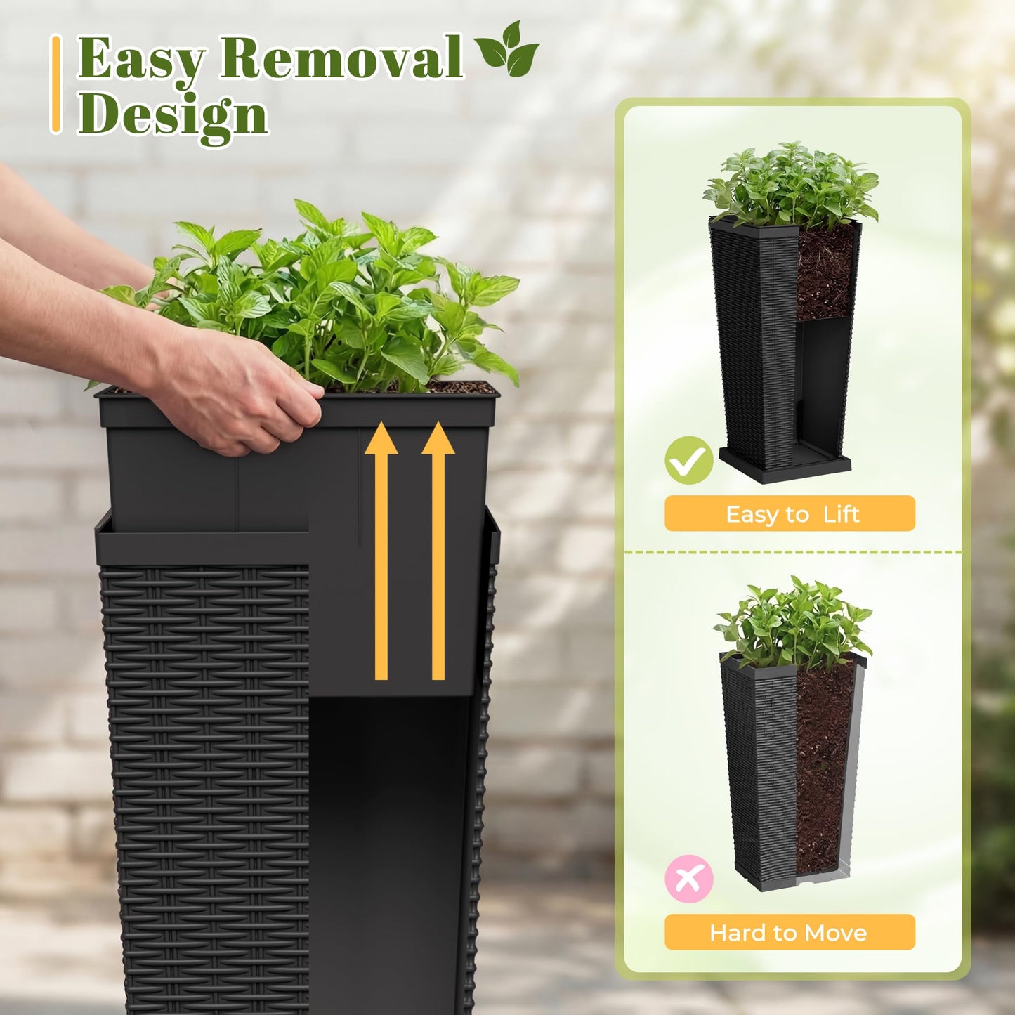 JUMMICO Set of 2 Resin Widened Tapered Planters, Rattan Texture Planters with Drainage Holes and Trays, Outdoor Flowers Pots for Plants, Porch & Patio Decor (Black, 24'' H, Inner & Outer Trays)